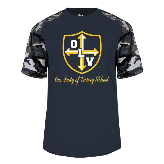 Our Lady of Victory School Spirit Performance Camo Sleeve T-shirt w/ Gold Crest Logo 