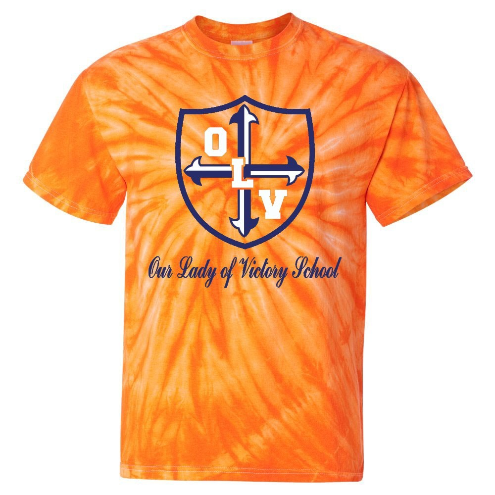 Our Lady of Victory School Spirit Tie Dye Short Sleeve T-Shirt w/ Navy Crest Logo 