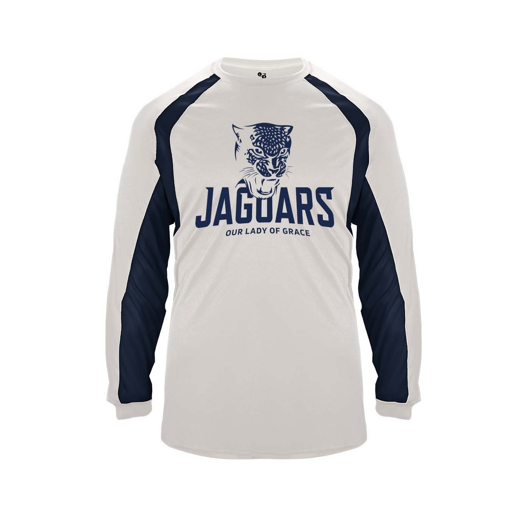 Our Lady of Grace School Spirit Hook Long Sleeve T-shirt w/ Navy Jaguar Logo 