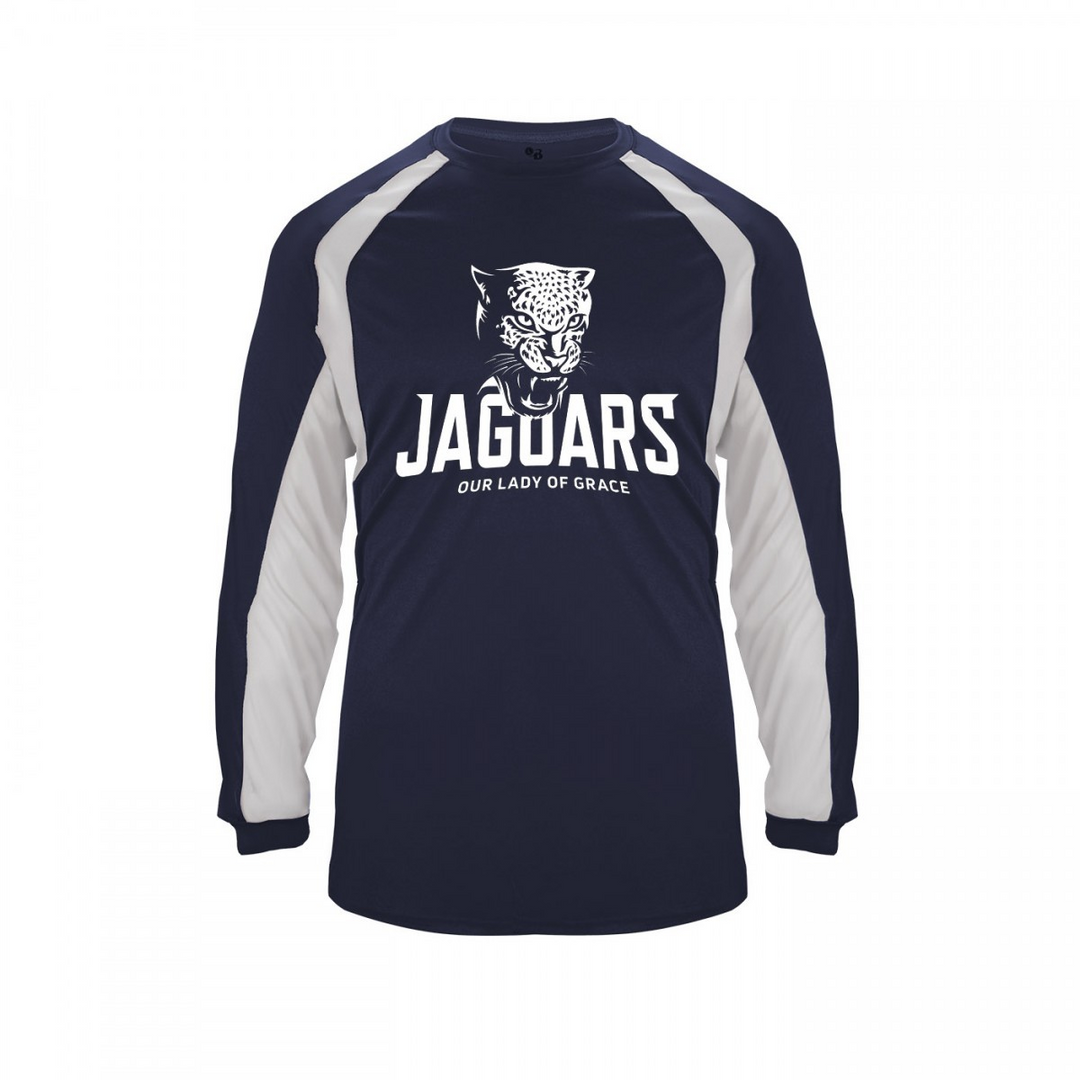 Our Lady of Grace School Spirit Hook Long Sleeve T-shirt w/ White Jaguar Logo 