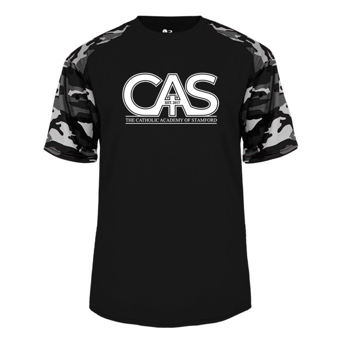Catholic Academy of Stamford Spirit Performance Camo Sleeve T-shirt w/ Spirit Logo 