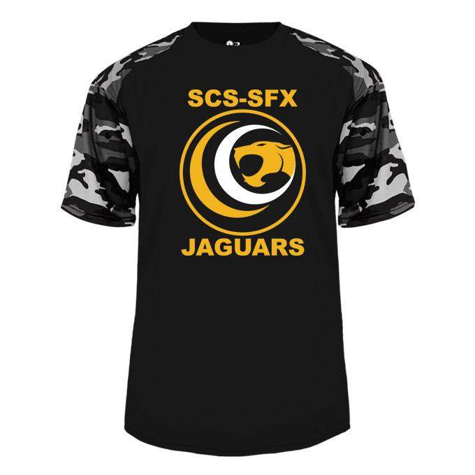 St. Clare of Assisi- St. Francis Xavier School Spirit Performance Camo Sleeve T-shirt w/ Jaguar Logo 