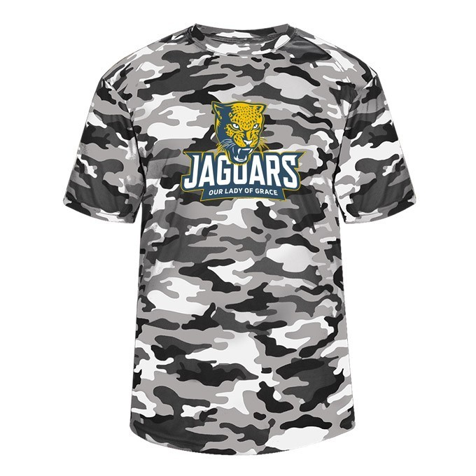 Our Lady of Grace School Spirit Performance Camo T-shirt w/ Full Color Jaguar Logo 