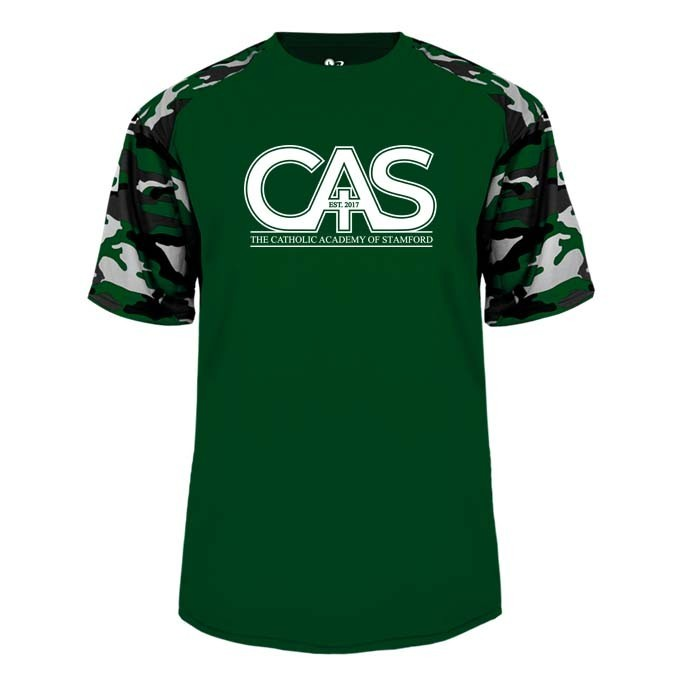 Catholic Academy of Stamford Spirit Performance Camo Sleeve T-shirt w/ Spirit Logo 
