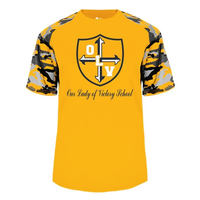 Our Lady of Victory School Spirit Performance Camo Sleeve T-shirt w/ Navy Crest Logo 