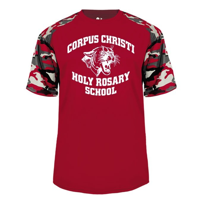 Corpus Christi-Holy Rosary School Spirit Performance Camo Sleeve T-shirt w/ Jaguar Logo 