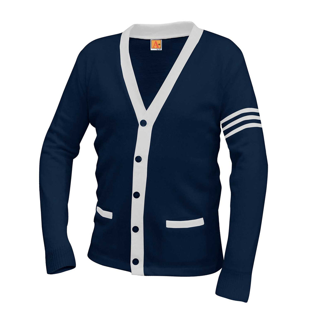Navy Varsity 2 Pocket contrast Cardigan w/ White Stripes