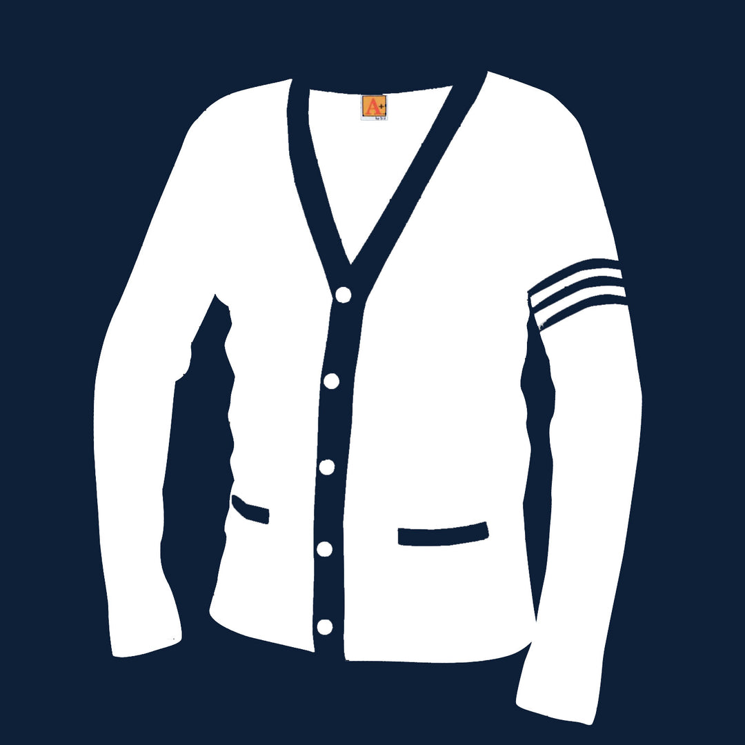 White Varsity 2 Pocket Contrast Cardigan w/ Navy Stripes
