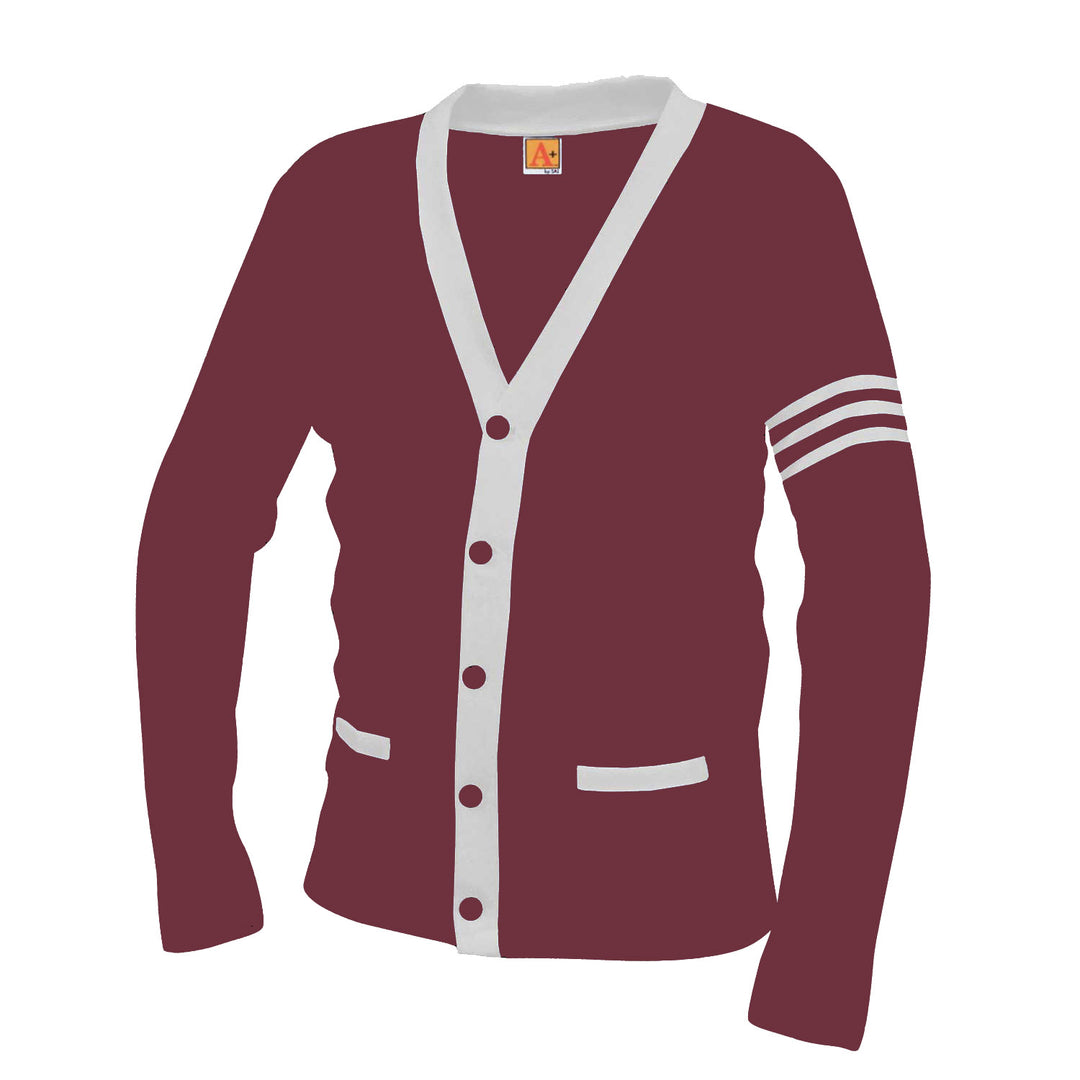 Wine Varsity 2 Pocket Contrast Cardigan w/ White Stripes