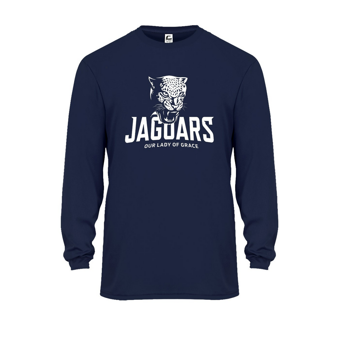 Our Lady of Grace School Spirit Performance Long Sleeve T-shirt w/ White Jaguar Logo 