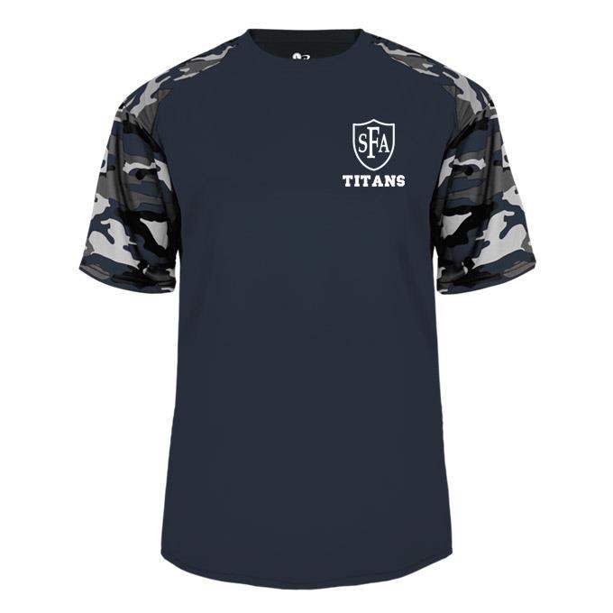 St. Francis of Assisi School Spirit Performance Camo Sleeve T-shirt w/ Left Crest Titans Logo 