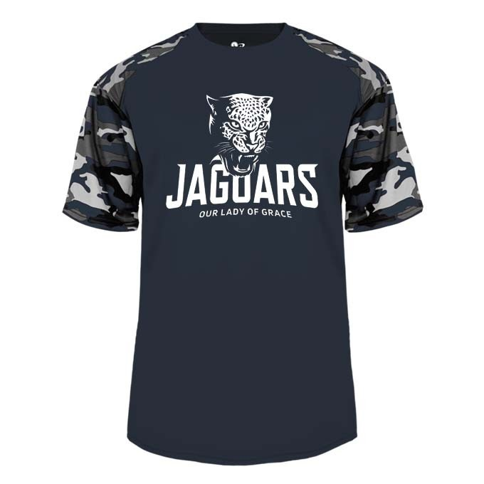Our Lady of Grace School Spirit Performance Camo Sleeve T-shirt w/ White Jaguar Logo 