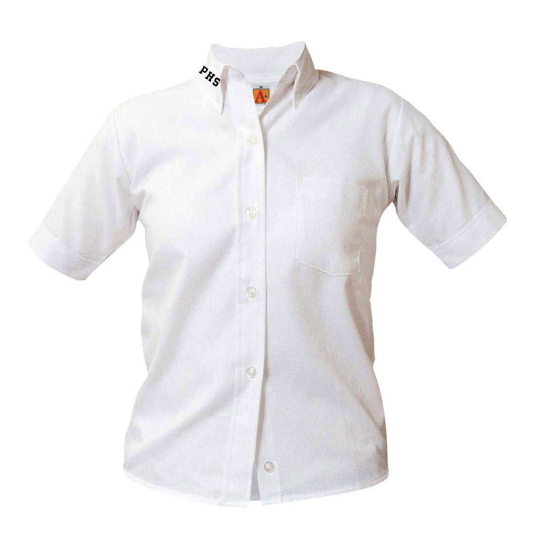 Preston High School Oxford White Short Sleeve Button Down Blouse w/ Logo