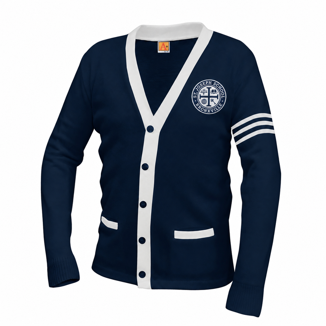 St. Joseph School navy and white varsity cardigan with embroidered school crest