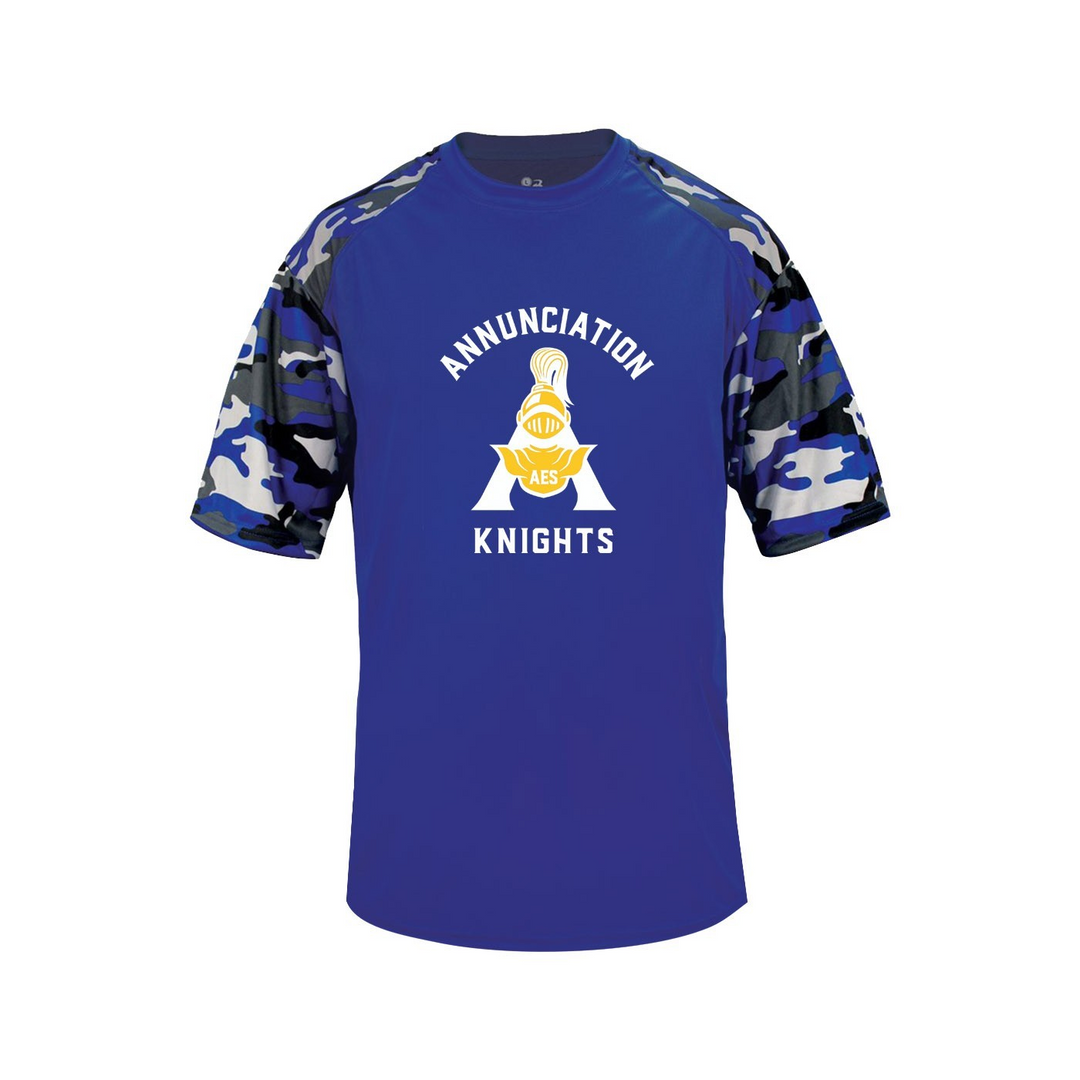 Annunciation School Spirit Performance Camo Sleeve T-shirt w/ Knights Logo 