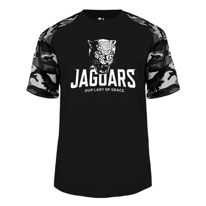 Our Lady of Grace School Spirit Performance Camo Sleeve T-shirt w/ White Jaguar Logo 
