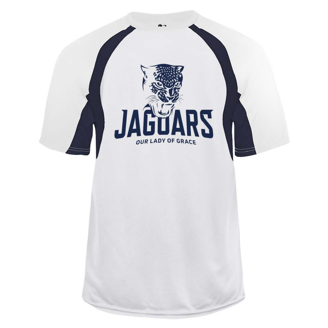 Our Lady of Grace School Spirit Hook Short Sleeve T-shirt w/ Navy Jaguar Logo 