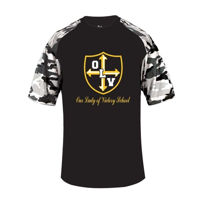 Our Lady of Victory School Spirit Performance Camo Sleeve T-shirt w/ Gold Crest Logo 
