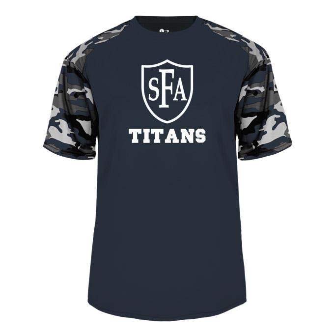 St. Francis of Assisi School Spirit Performance Camo Sleeve T-shirt w/ Full Front Titans Logo 