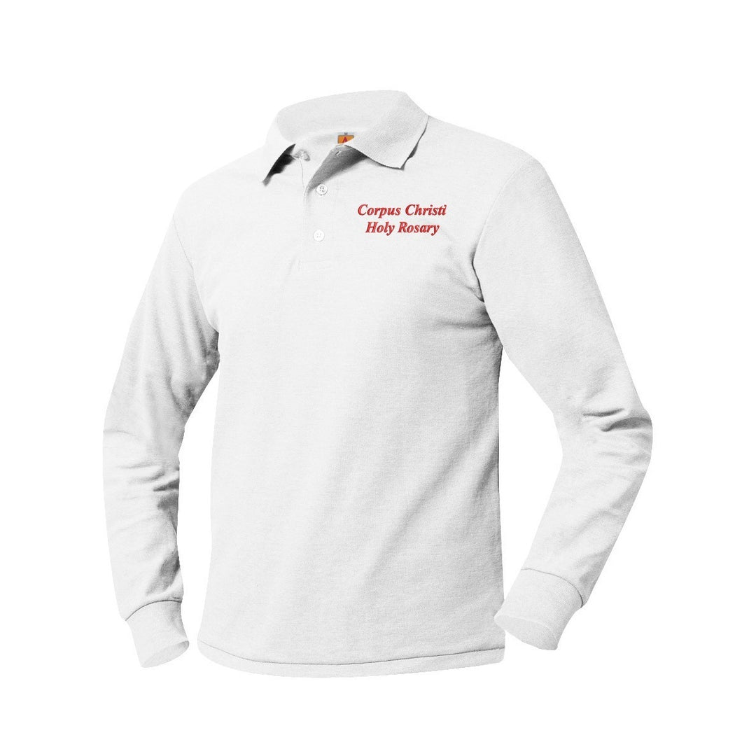 Corpus Christi-Holy Rosary White Long Sleeve Polo w/ Logo