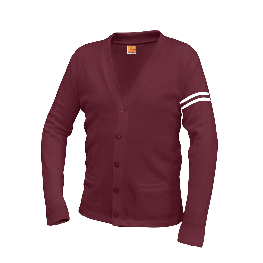 Wine Varsity 2 Pocket Cardigan w/ White Stripes