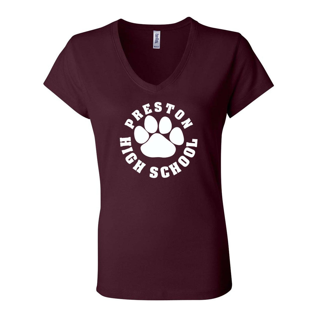 Preston High School Maroon Spirit V-neck T-Shirt w/ Paw Logo 
