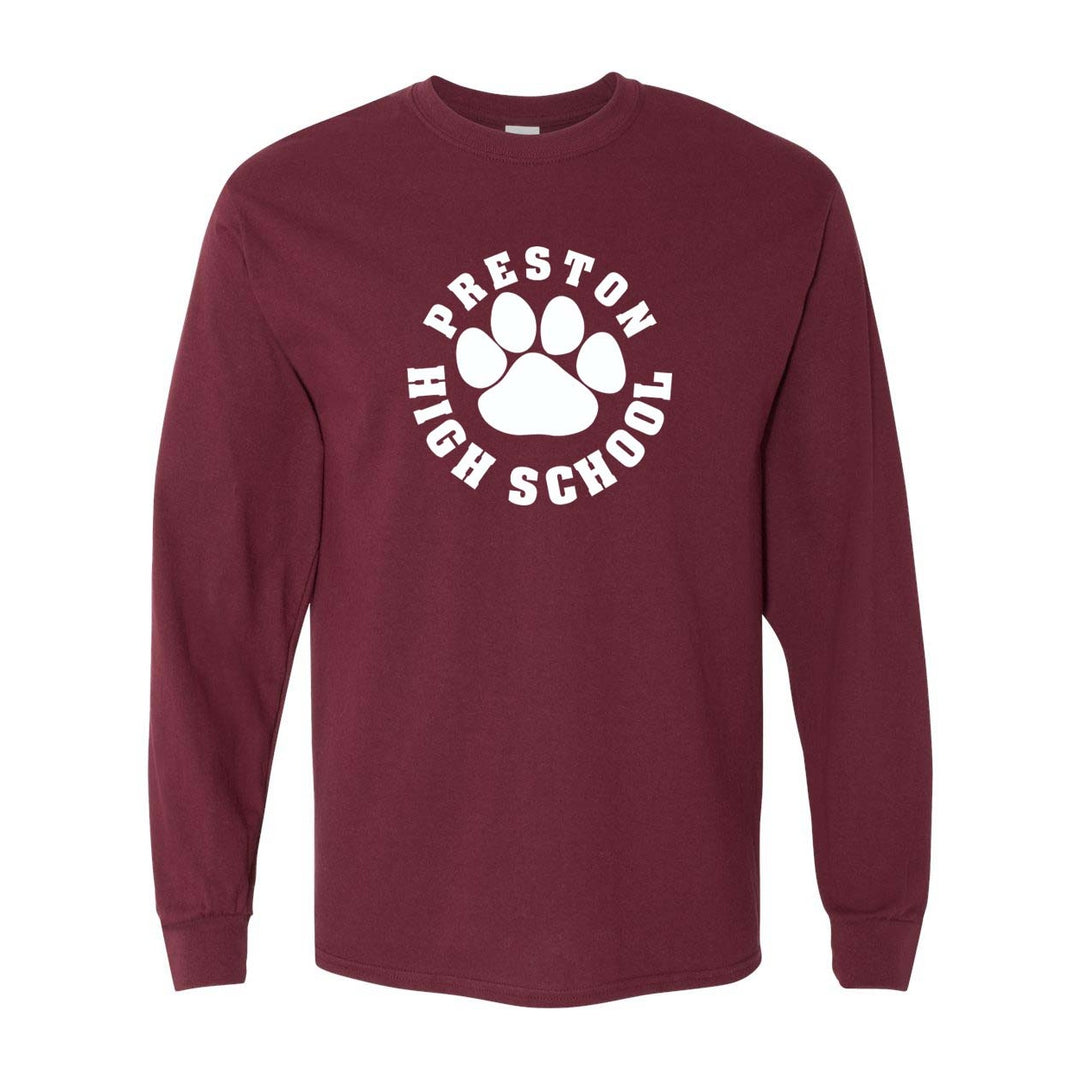 Preston High School Maroon Spirit Long Sleeve T-Shirt w/ Paw Logo 