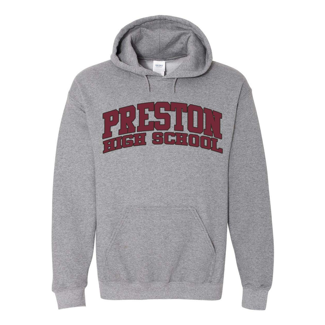Preston High School Sports Grey Spirit Pullover Hoodie w/ Arched Preston Logo 