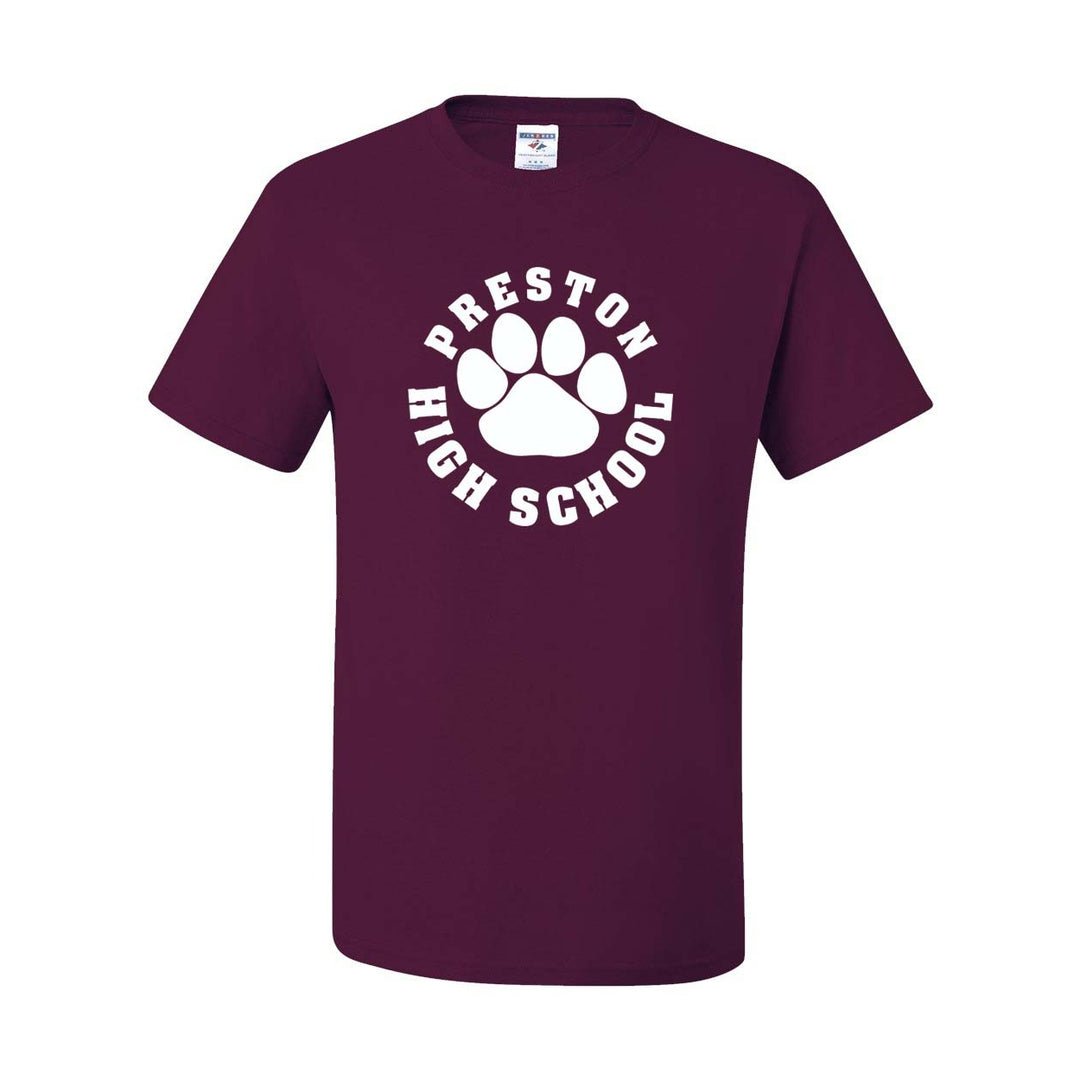 Preston High School Maroon Spirit Short Sleeve T-Shirt w/ Paw Logo 
