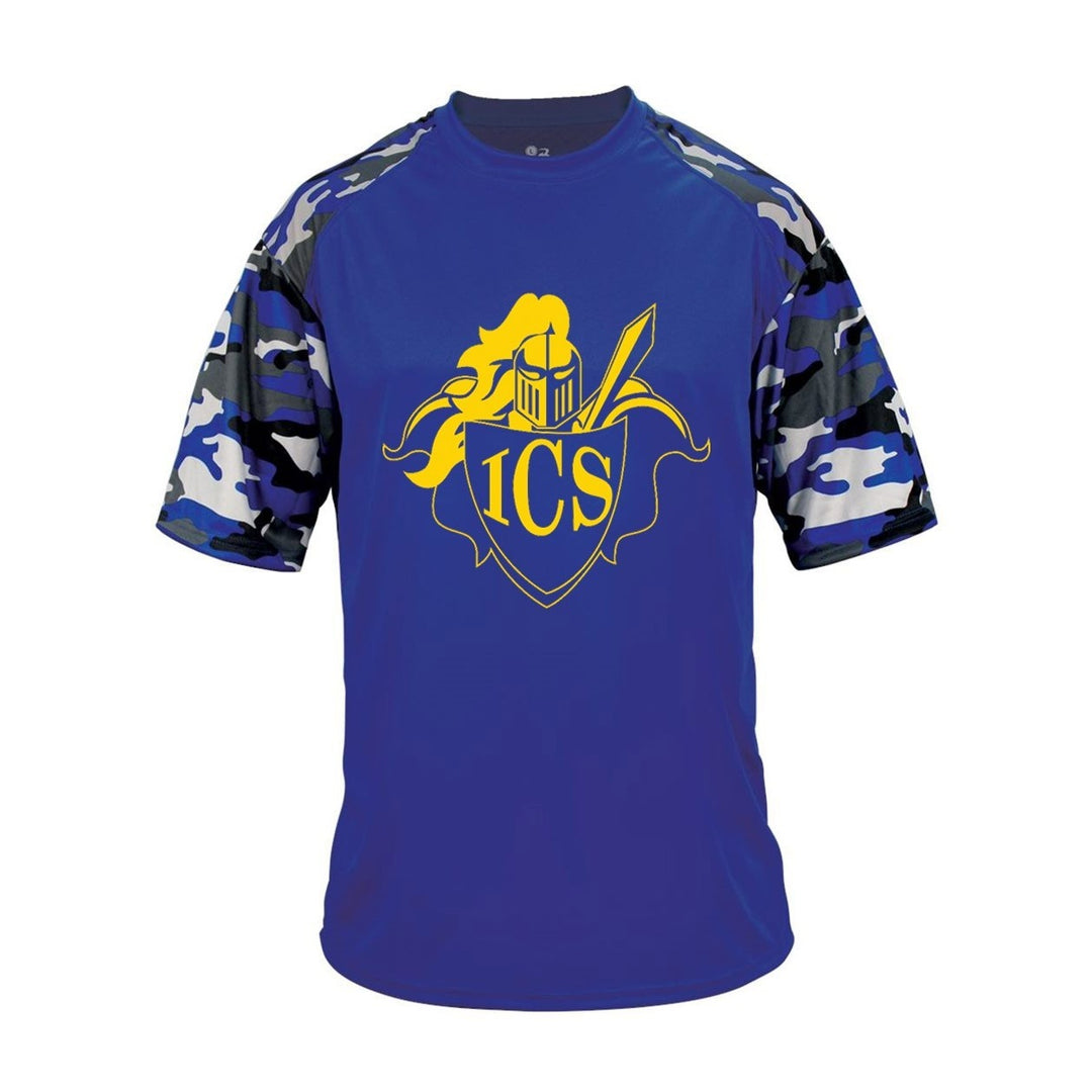 Immaculate Conception School Spirit Performance Camo Sleeve T-shirt w/ Gold Shield Logo 