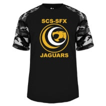 St. Clare of Assisi- St. Francis Xavier School Spirit Performance Camo Sleeve T-shirt w/ Jaguar Logo 