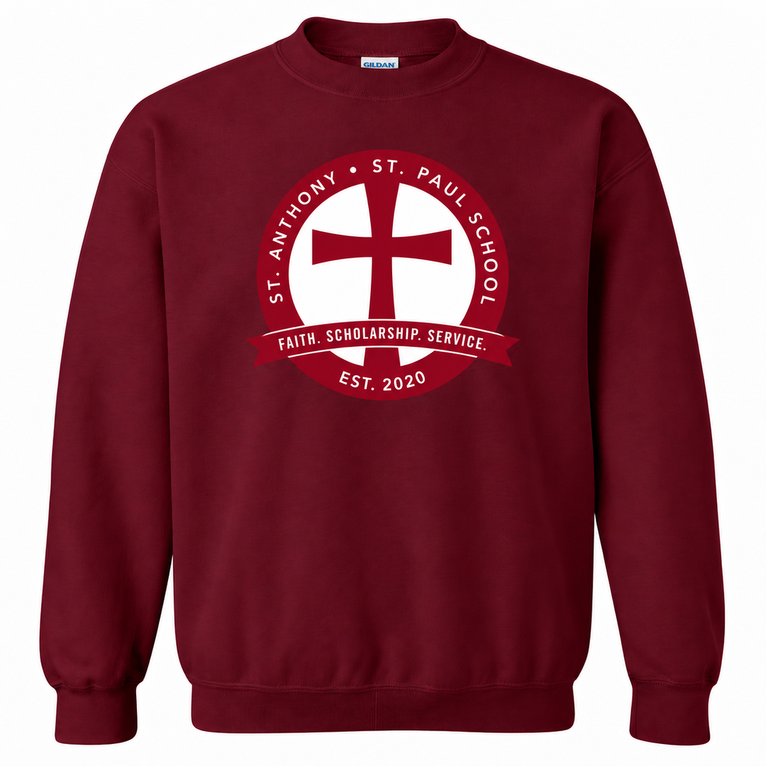 St. Anthony–St. Paul School Maroon Crewneck Sweatshirt — Full Front with corrected maroon and white school seal