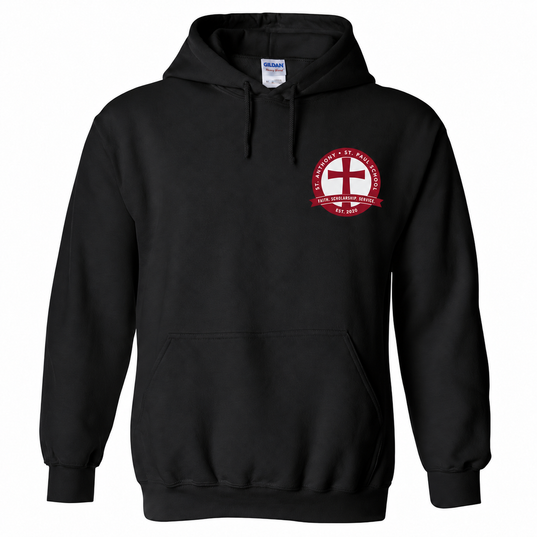 St. Anthony–St. Paul School Black Pullover Hoodie — Chest Logo with corrected maroon and white school seal