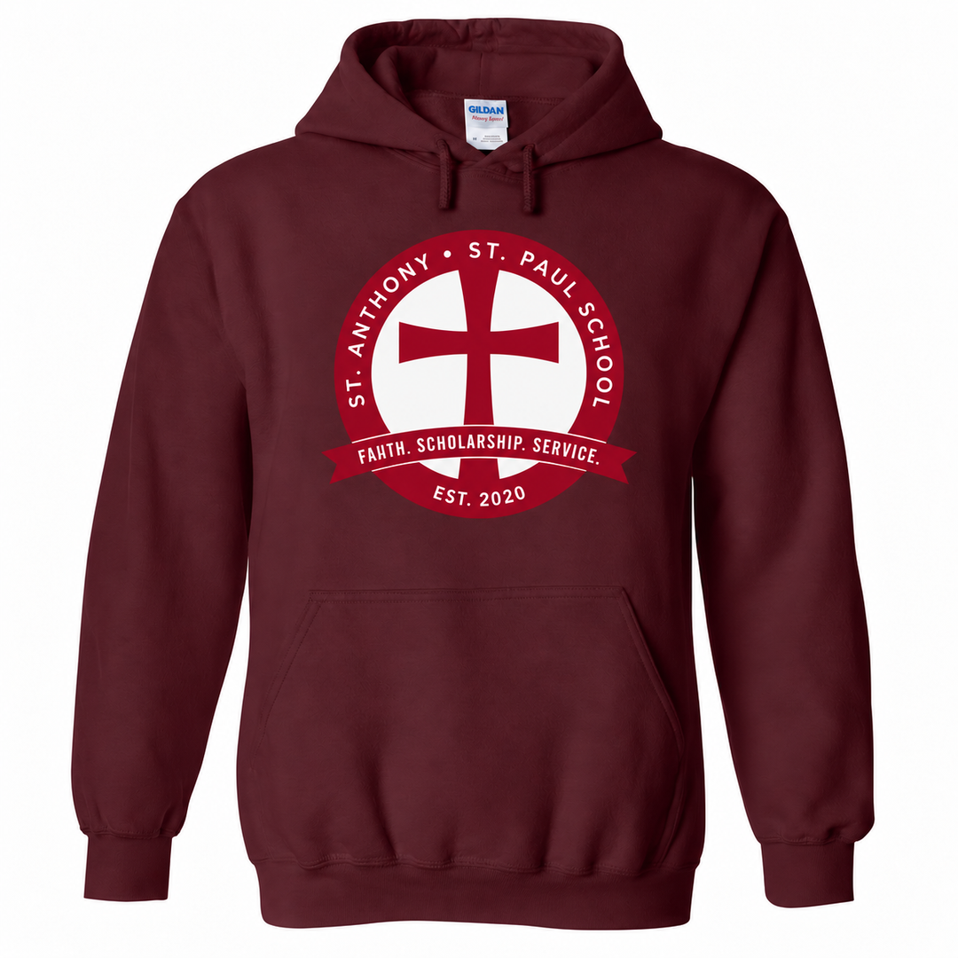 St. Anthony–St. Paul School Maroon Pullover Hoodie — Full Front with corrected maroon and white school seal