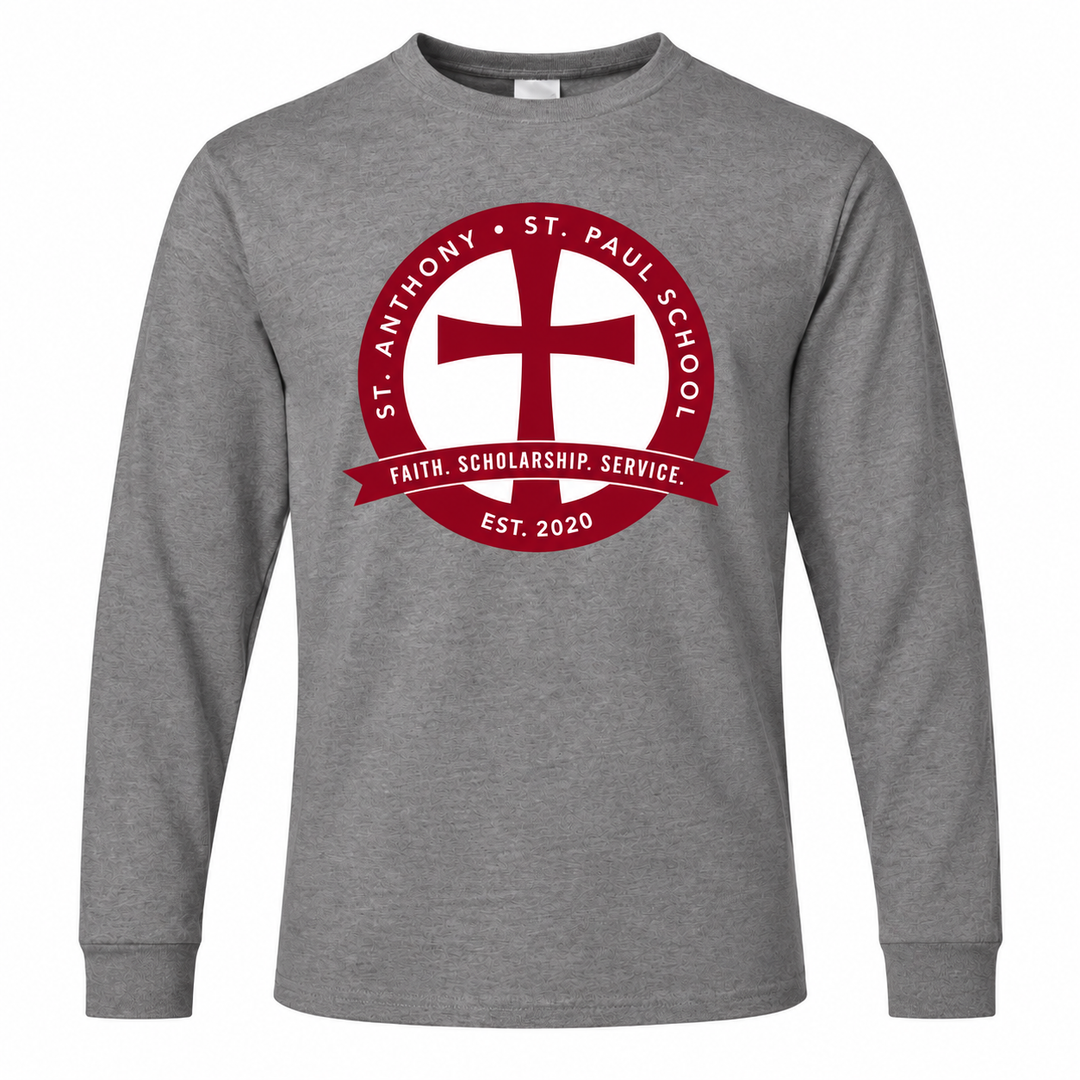 St. Anthony–St. Paul School Oxford Long Sleeve T-Shirt — Full Front with corrected maroon and white school seal