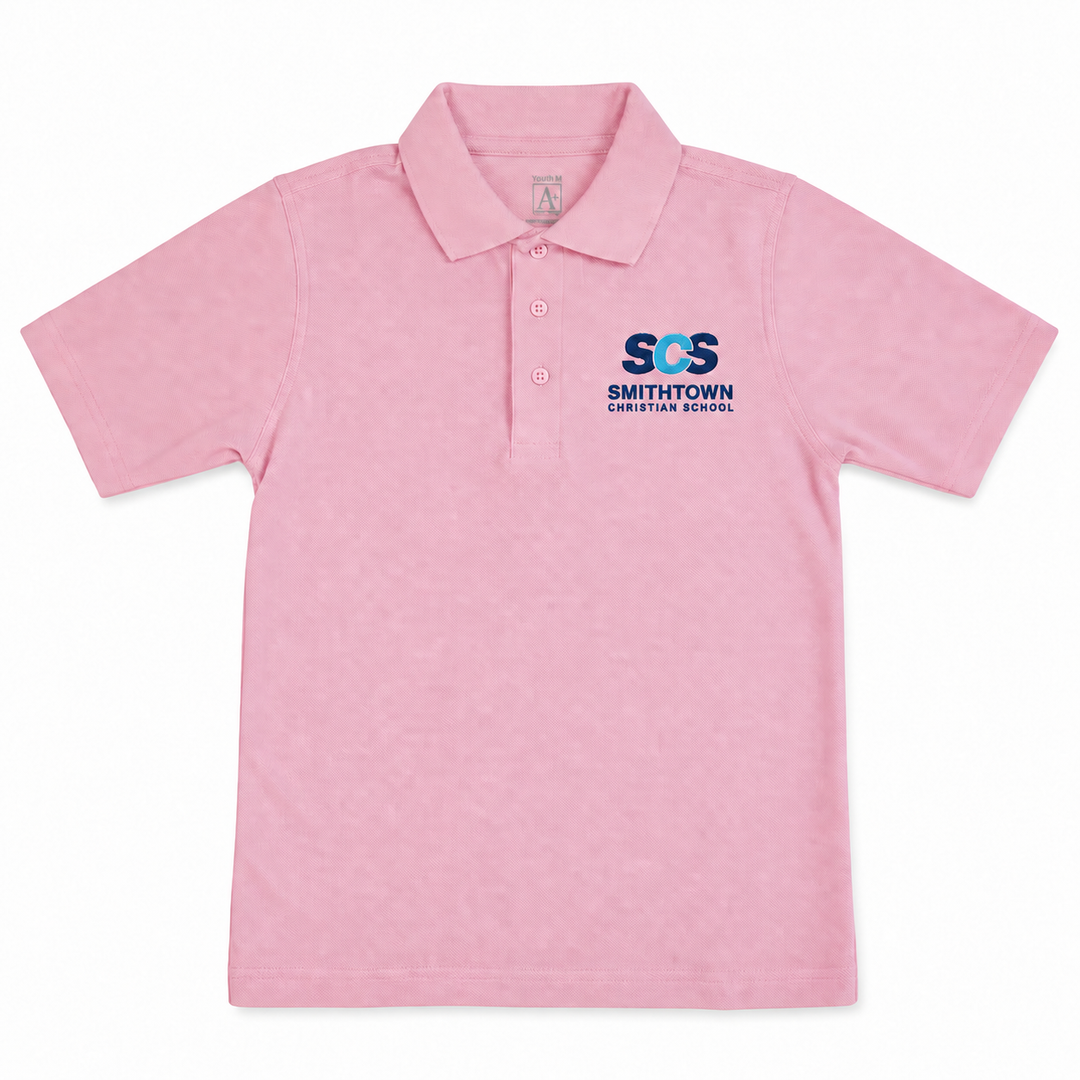 Pink Smithtown Christian School short-sleeve polo mockup with the SCS mark and dark navy SMITHTOWN CHRISTIAN SCHOOL wording.
