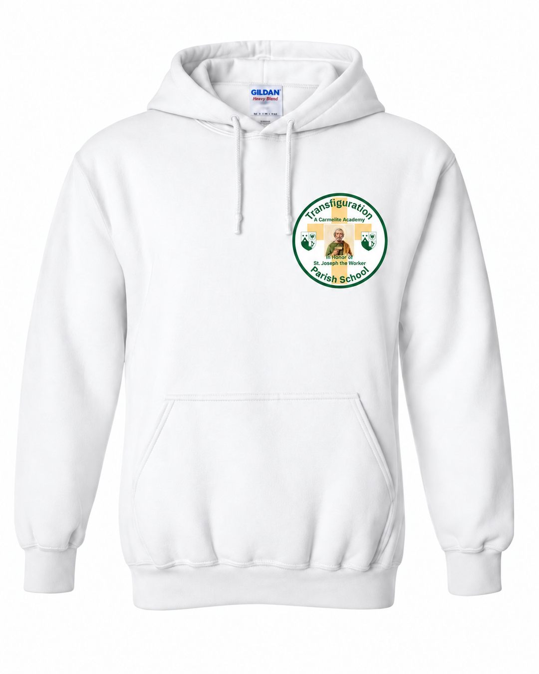 Transfiguration Parish School White spirit hoodie — front view 