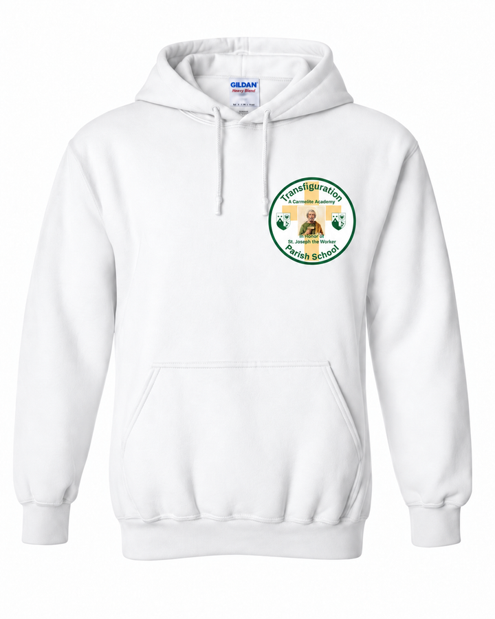 Transfiguration Parish School White spirit hoodie — front view 
