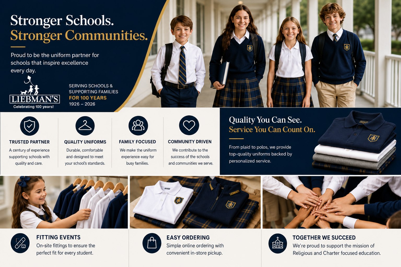 Stronger Schools, Stronger Communities Liebman's artwork showing students, uniforms, and school partnership benefits